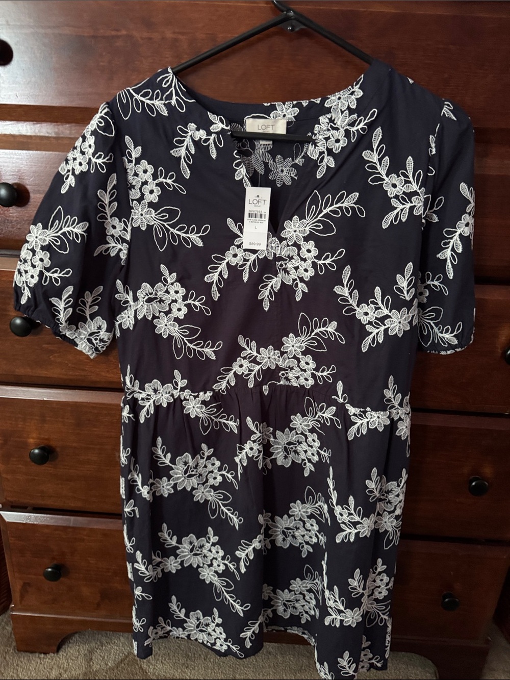 LOFT Navy Dress with White Floral Embroidery